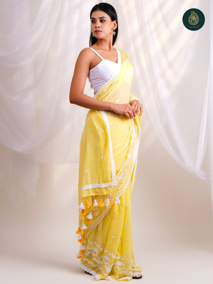 Luminous Yellow - Jamdani Embroidery Mul Cotton Saree with Soft Tassel Finish