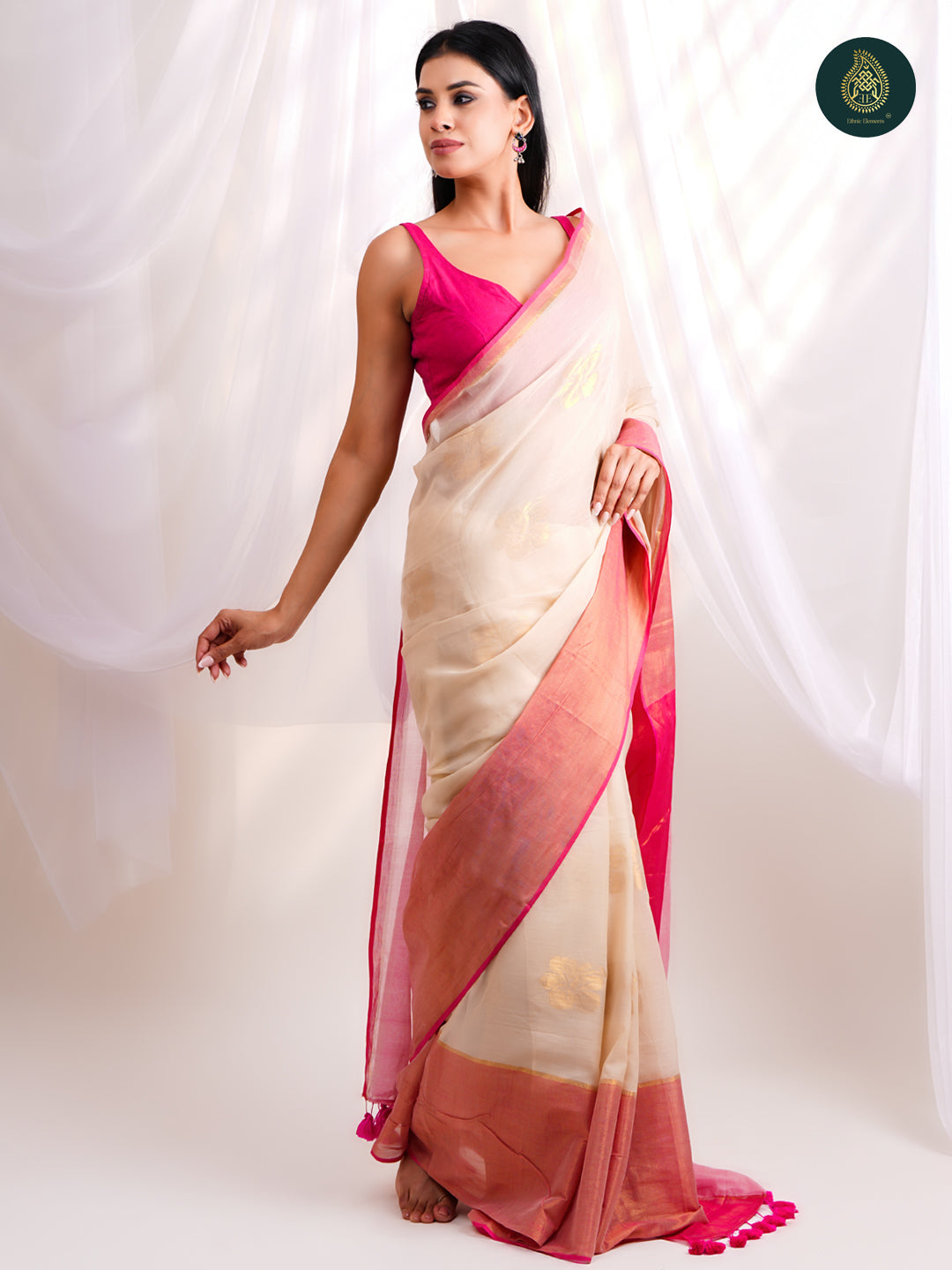 Elegant cream - Mul Cotton Saree with Zari Border with Traditional Buttis