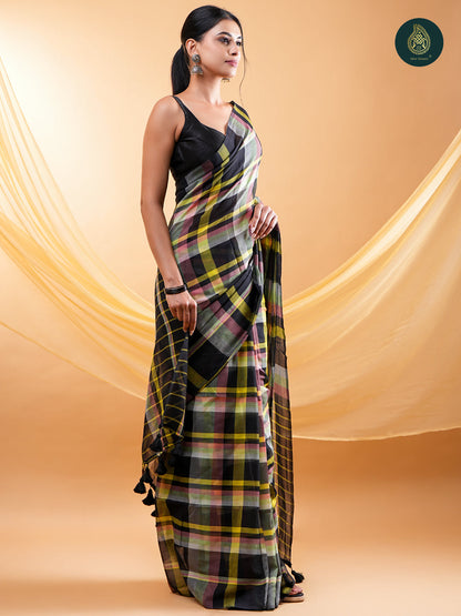 Vibrant Multi-Colour Checked - Mul Cotton Saree with Handcrafted Tassels