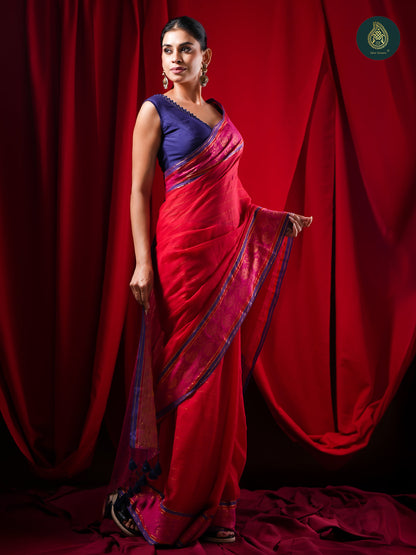 Rani Pink Mul Cotton Saree with Purple Contrast Pallu & Woven Border For Women