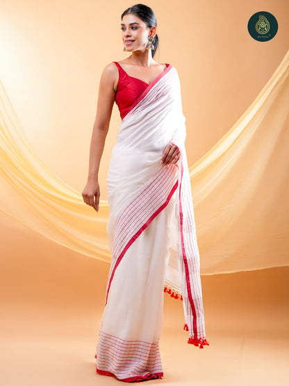 Elegant Red & White Colour Mul Cotton Saree with Striped