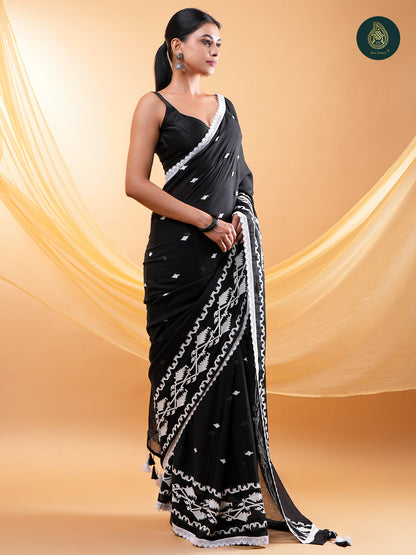 Black - Embroidery Mul Cotton Saree with Soft Tassel Finish