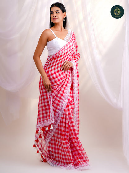 Cherry Red Mulmul Cotton Saree -Tassel Pallu