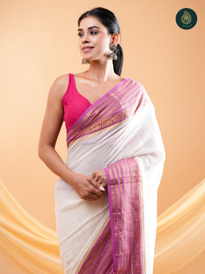 Ivory Mul Cotton Saree with Lavender & Gold Striped Border For women