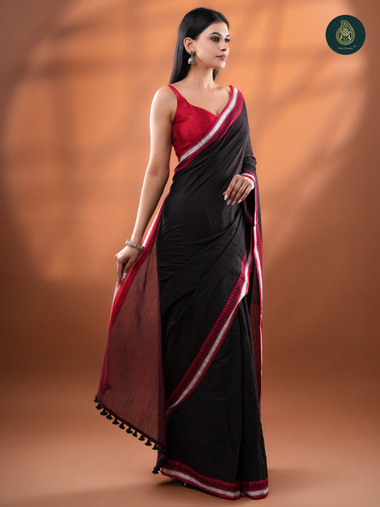 Black - Mul Cotton Saree with Temple Border & Silver Zari