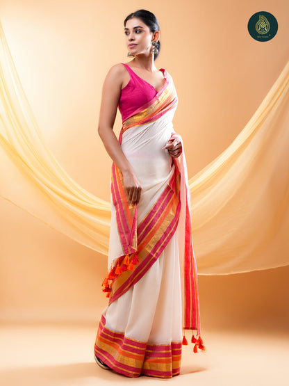 Ivory Mul Cotton Saree with Pink Orange & Gold Striped Border For women
