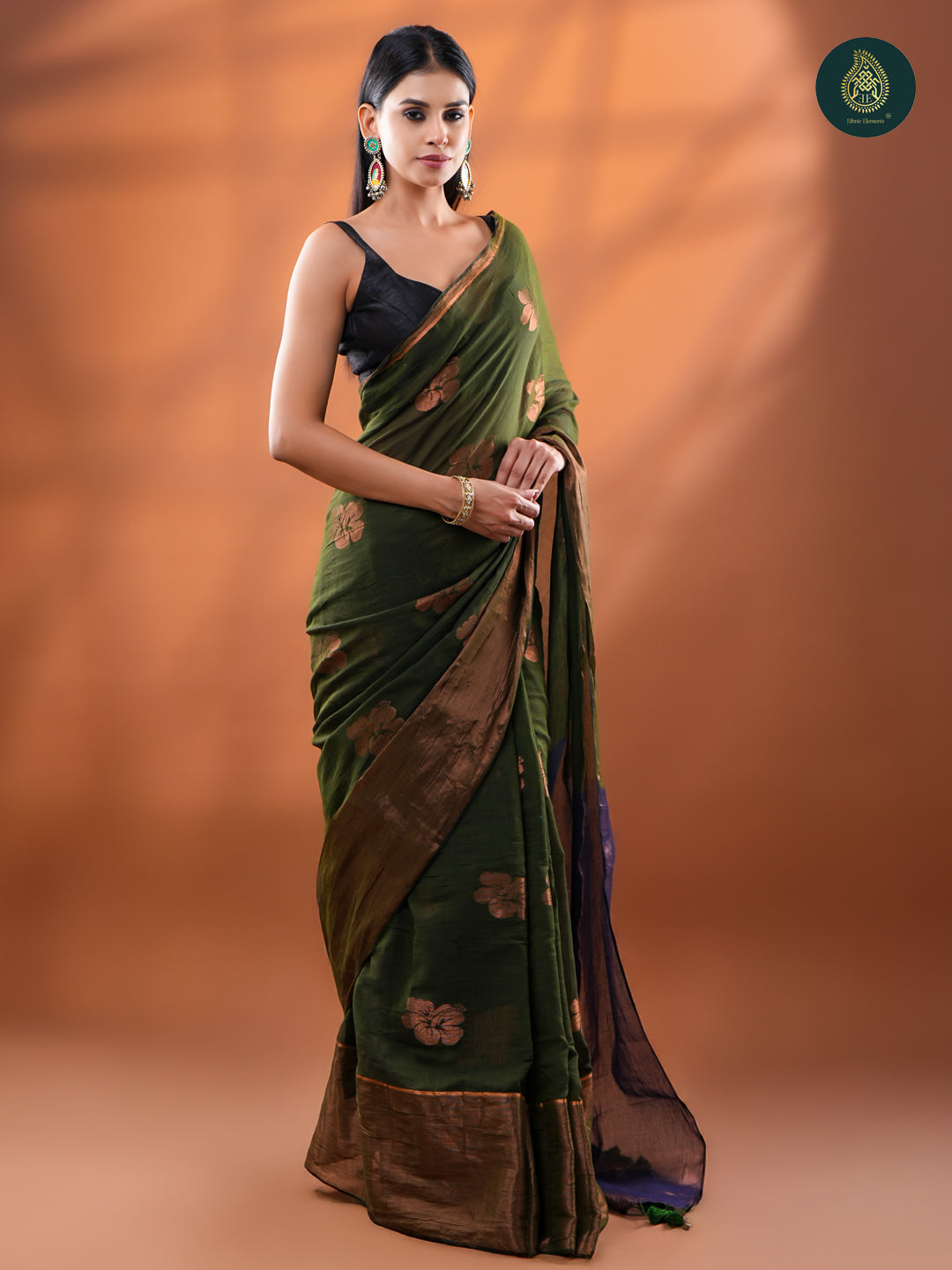 Olive Green Mul Cotton Saree with Copper Zari Floral Buttis & Indigo Pallu For Women