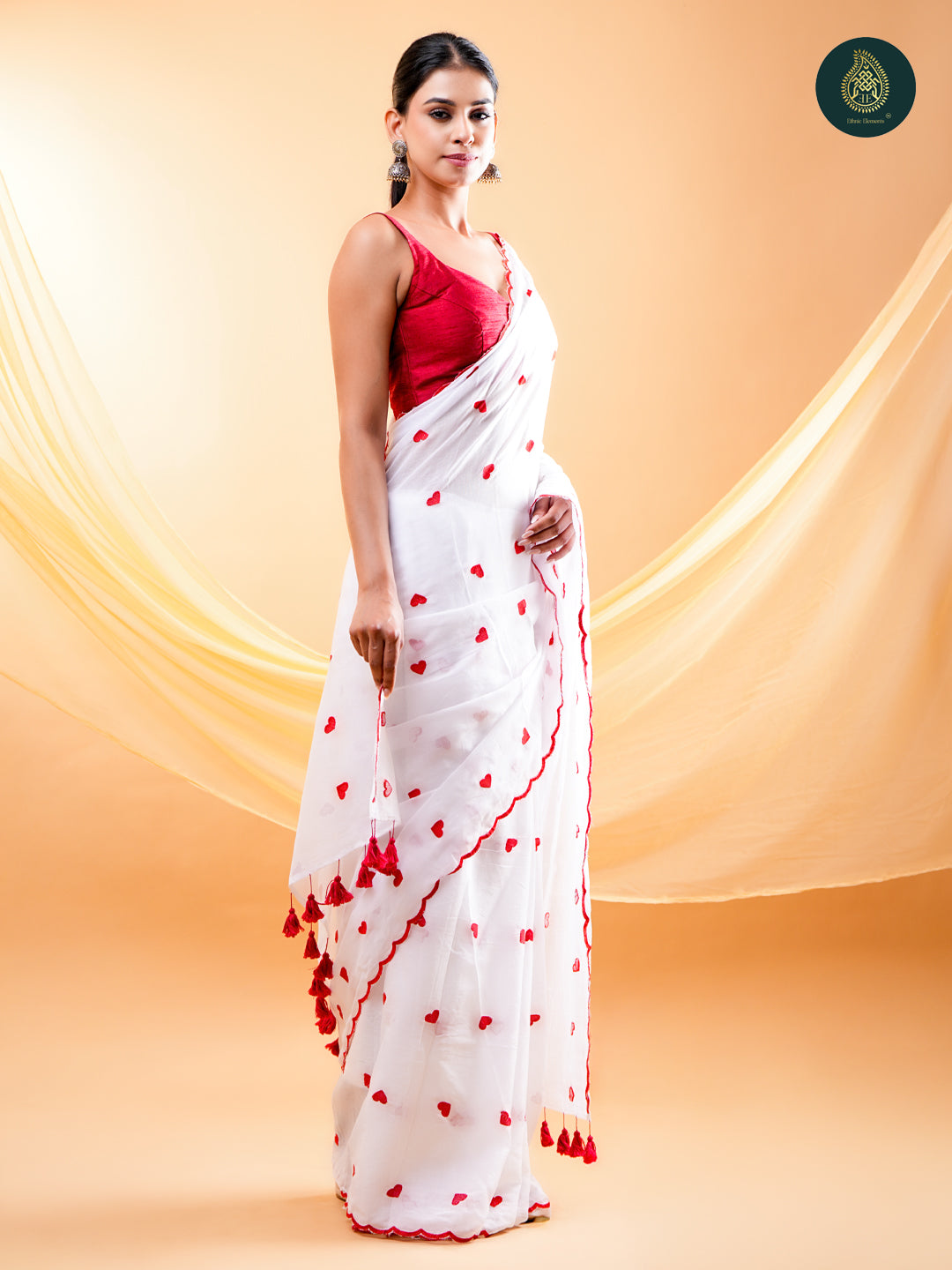 White Mul Cotton Saree with Red Heart Embroidery & Scalloped Border For women