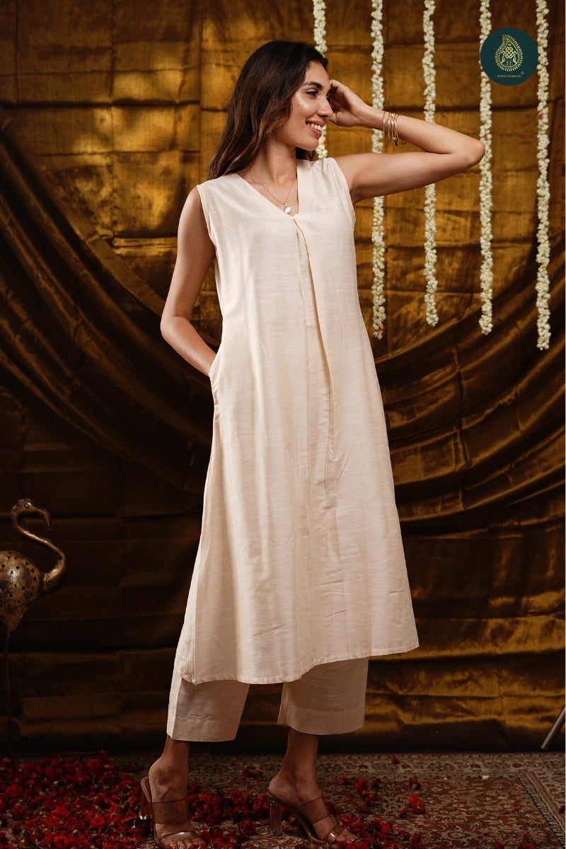 Stitched 2Pc Cotton Silk Suit Set - Pearl White