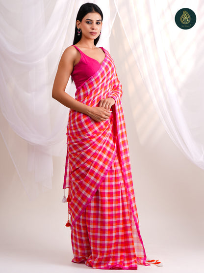 Bright Pink Mul Cotton Saree with Handcrafted Tassels For Women