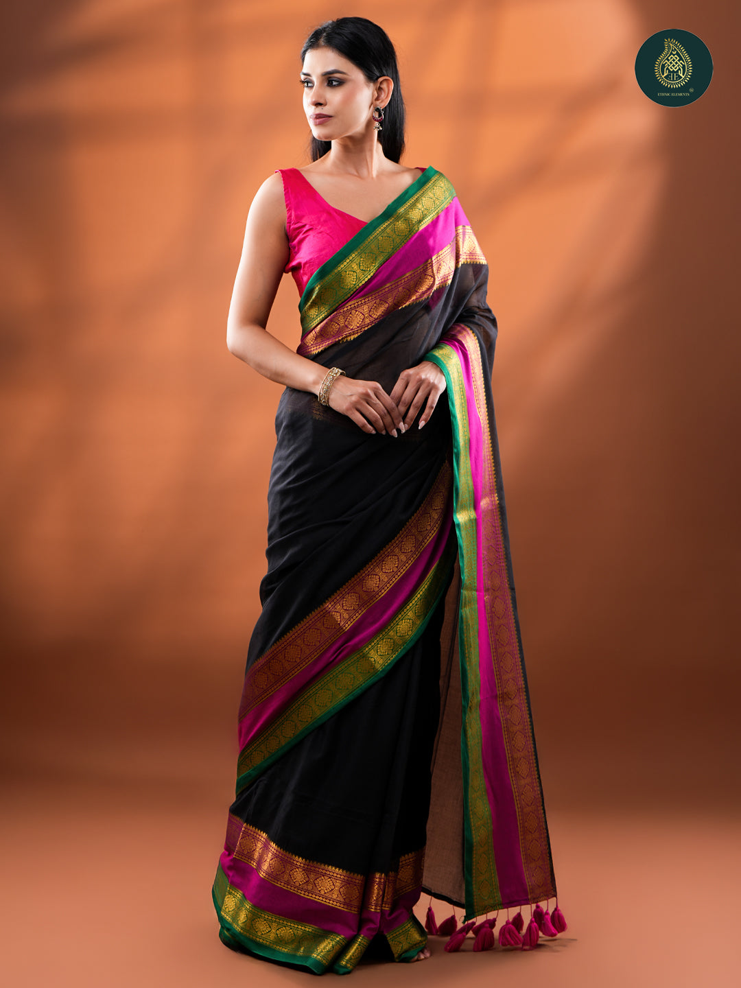 Black Mangalagiri Mul Cotton Loom Saree with Magenta & Green Zari Border For Women