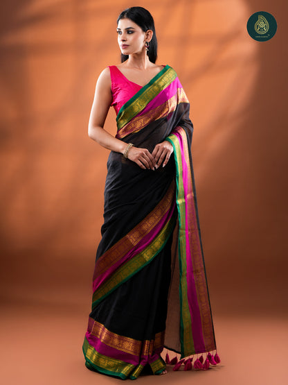 Black Mangalagiri Mul Cotton Loom Saree with Magenta & Green Zari Border For Women