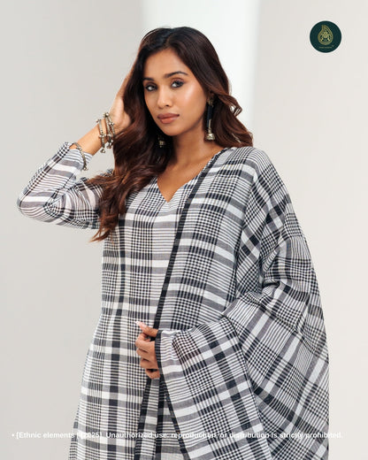 Stitched 3Pc Cotton Suit Set Grayscale Grace Checks
