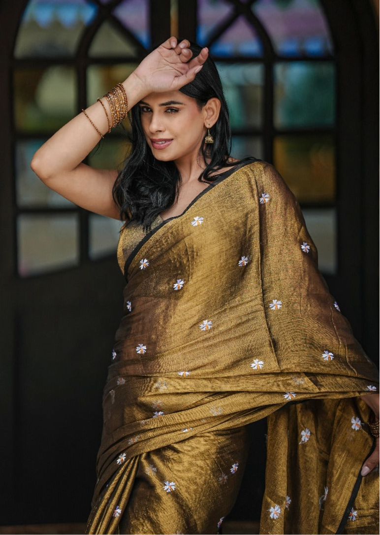 Mul Cotton Tissue Shiuli Saree - Golden Olive