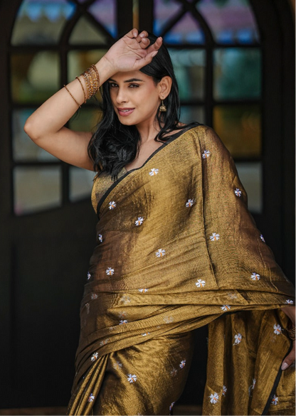 Mul Cotton Tissue Shiuli Saree - Golden Olive