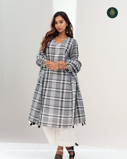 Stitched 3Pc Cotton Suit Set Grayscale Grace Checks