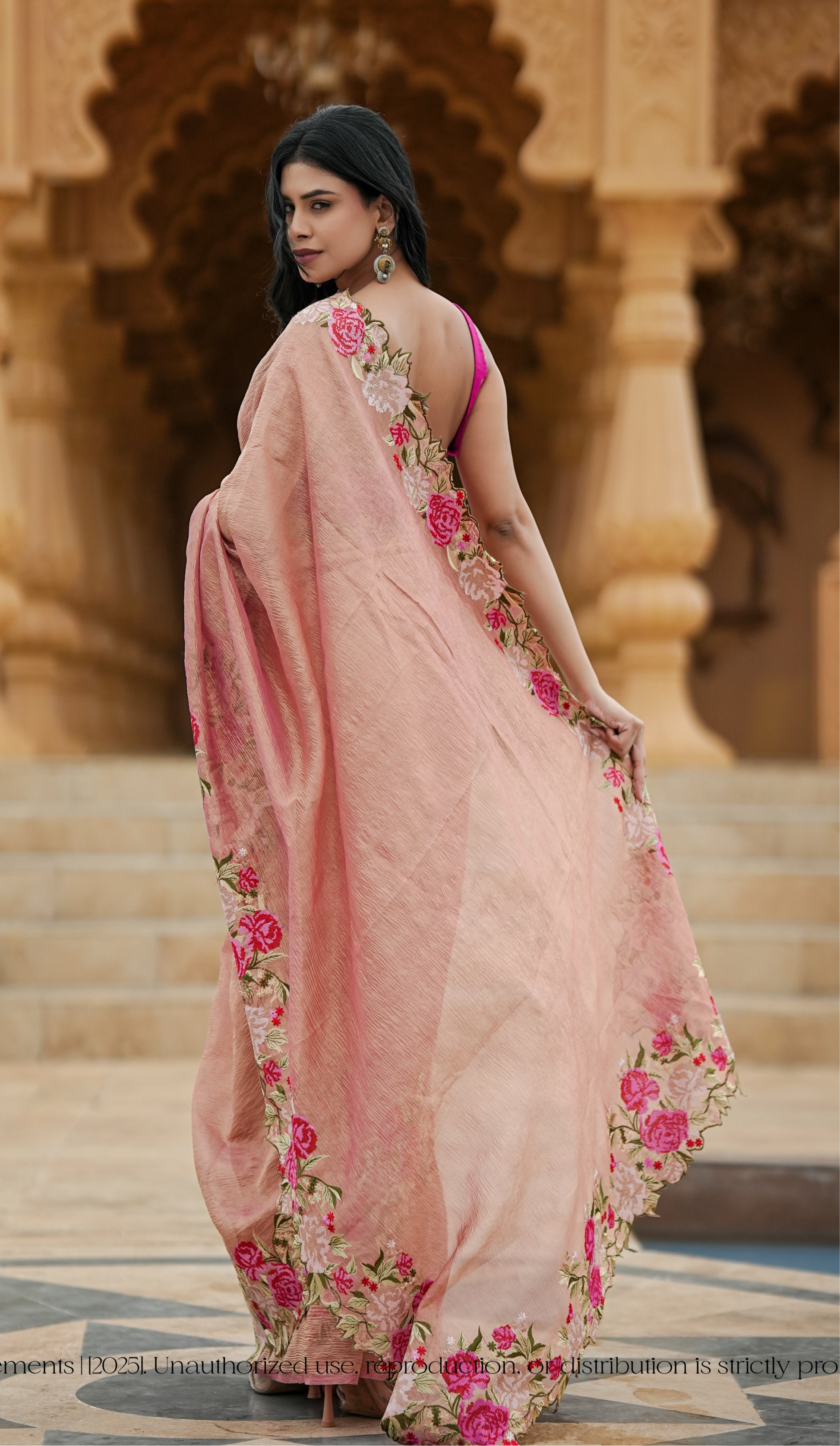 Pink Crushed Tissue Saree With Embroidery