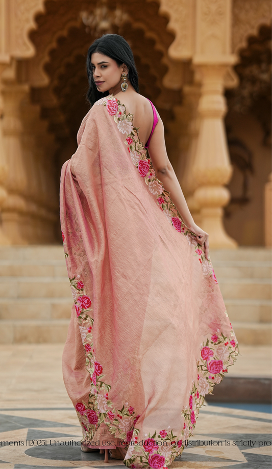 Pink Crushed Tissue Saree With Embroidery