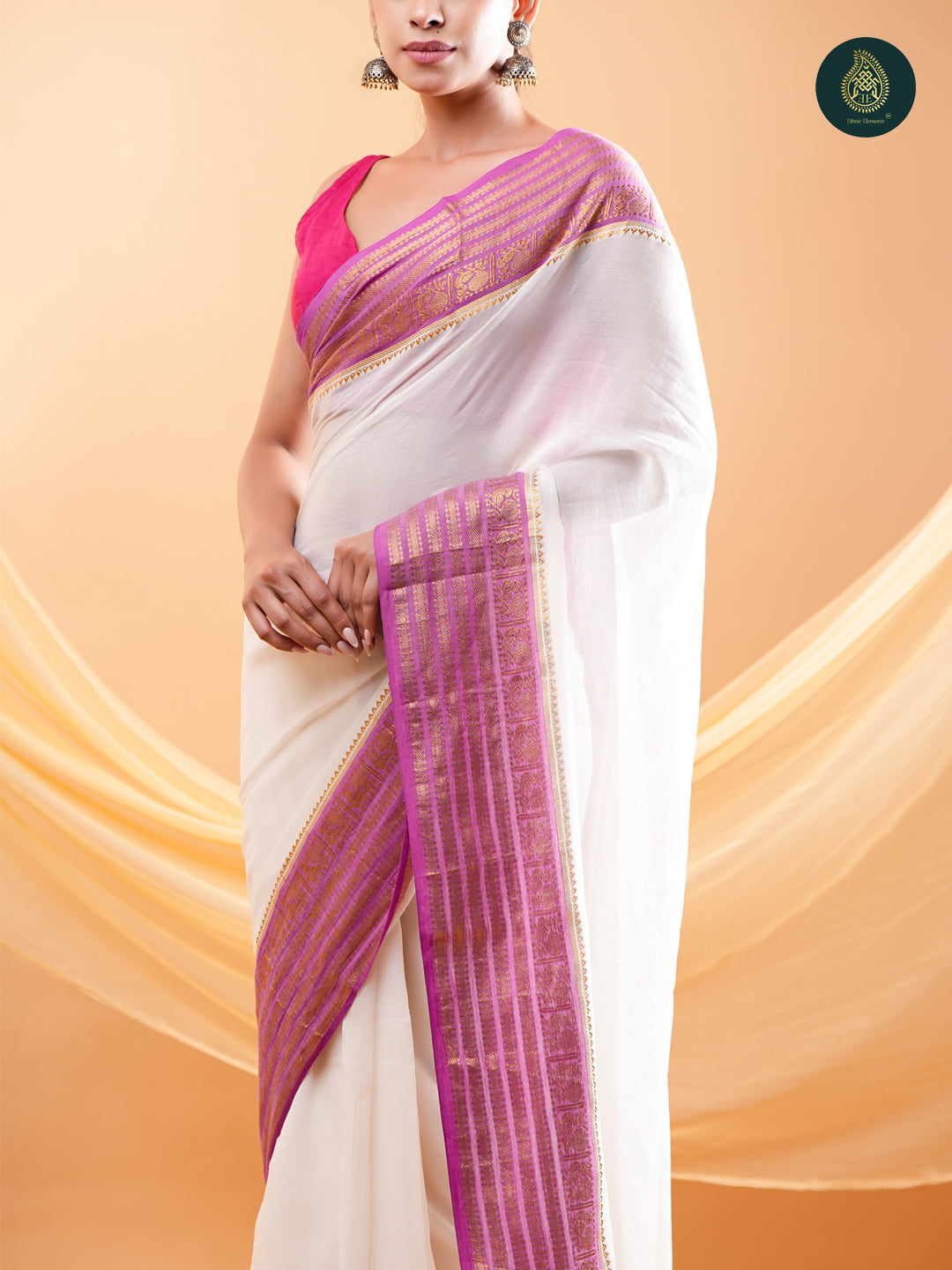 Ivory Mul Cotton Saree with Lavender & Gold Striped Border For women