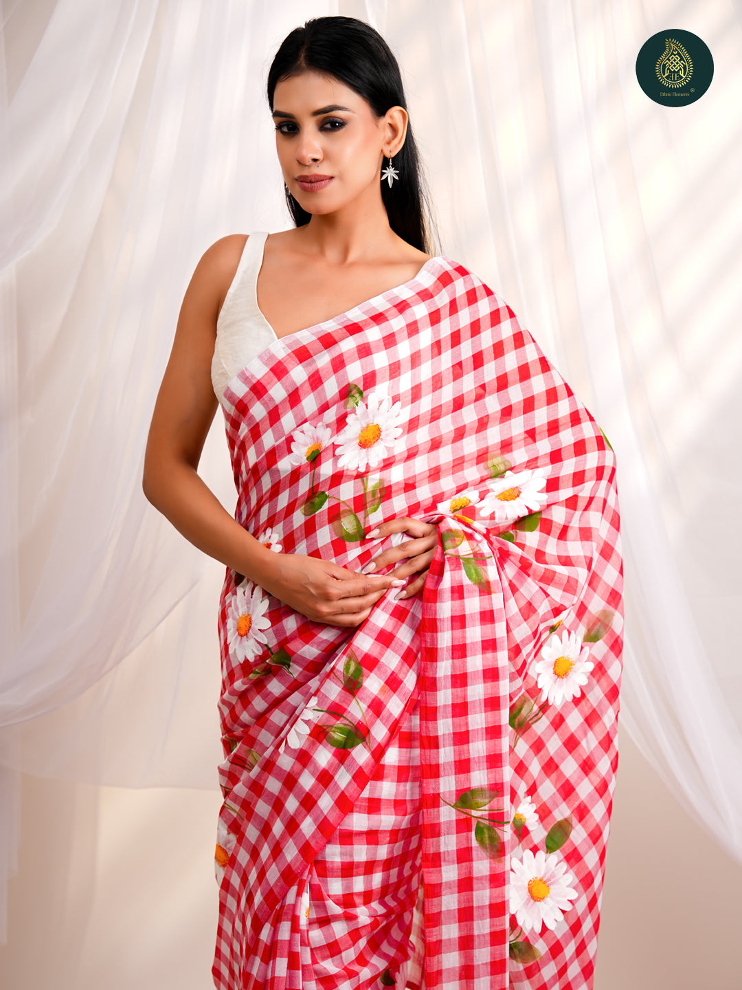 Crimson Red Checked Mul Cotton Saree with Hand-Painted Daisies