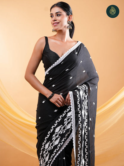 Black - Embroidery Mul Cotton Saree with Soft Tassel Finish