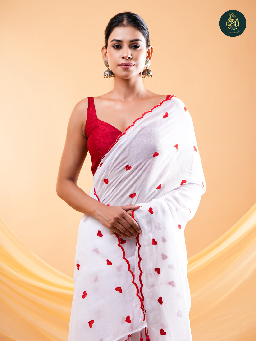 White Mul Cotton Saree with Red Heart Embroidery & Scalloped Border For women
