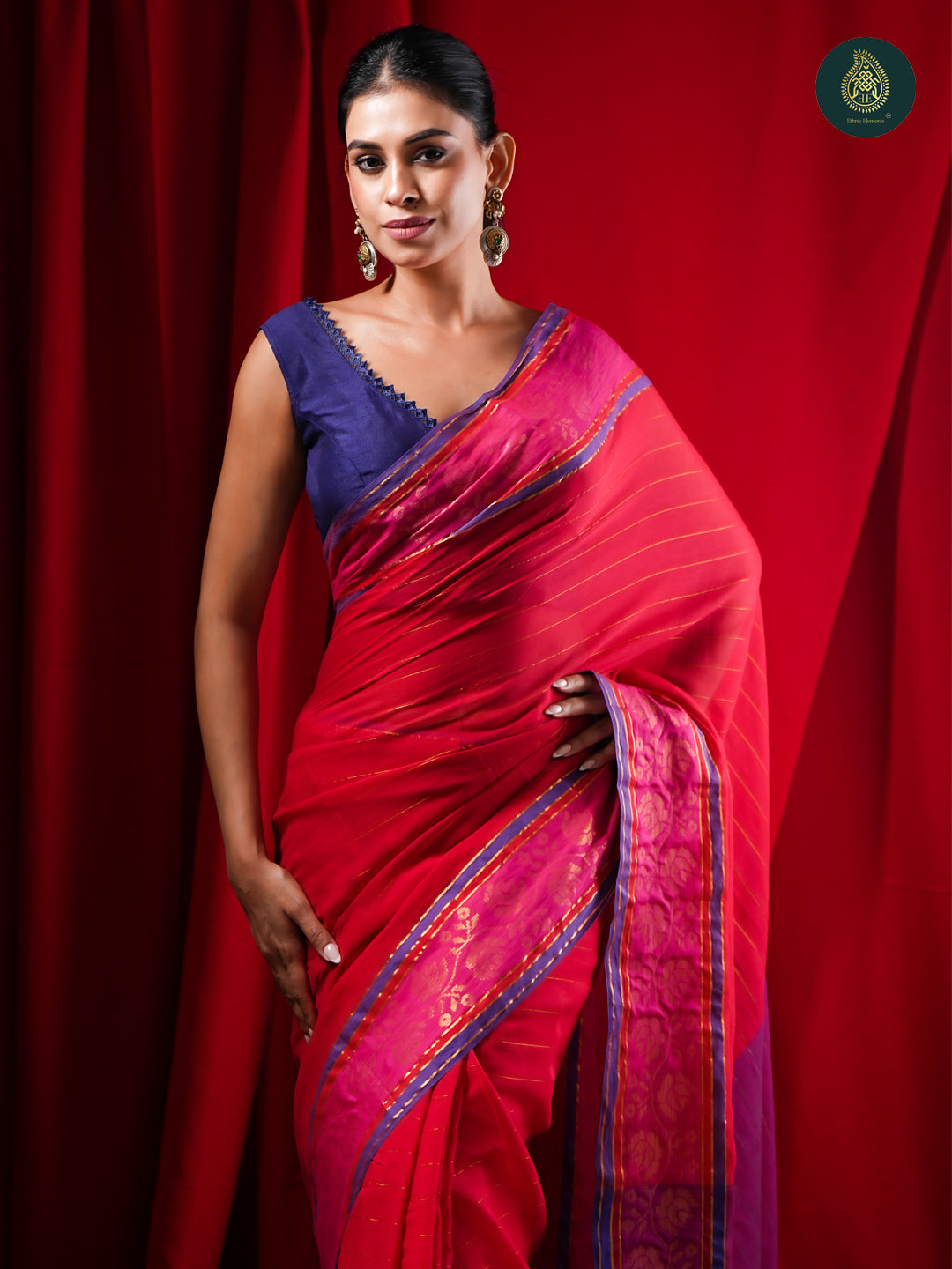 Rani Pink Mul Cotton Saree with Purple Contrast Pallu & Woven Border For Women