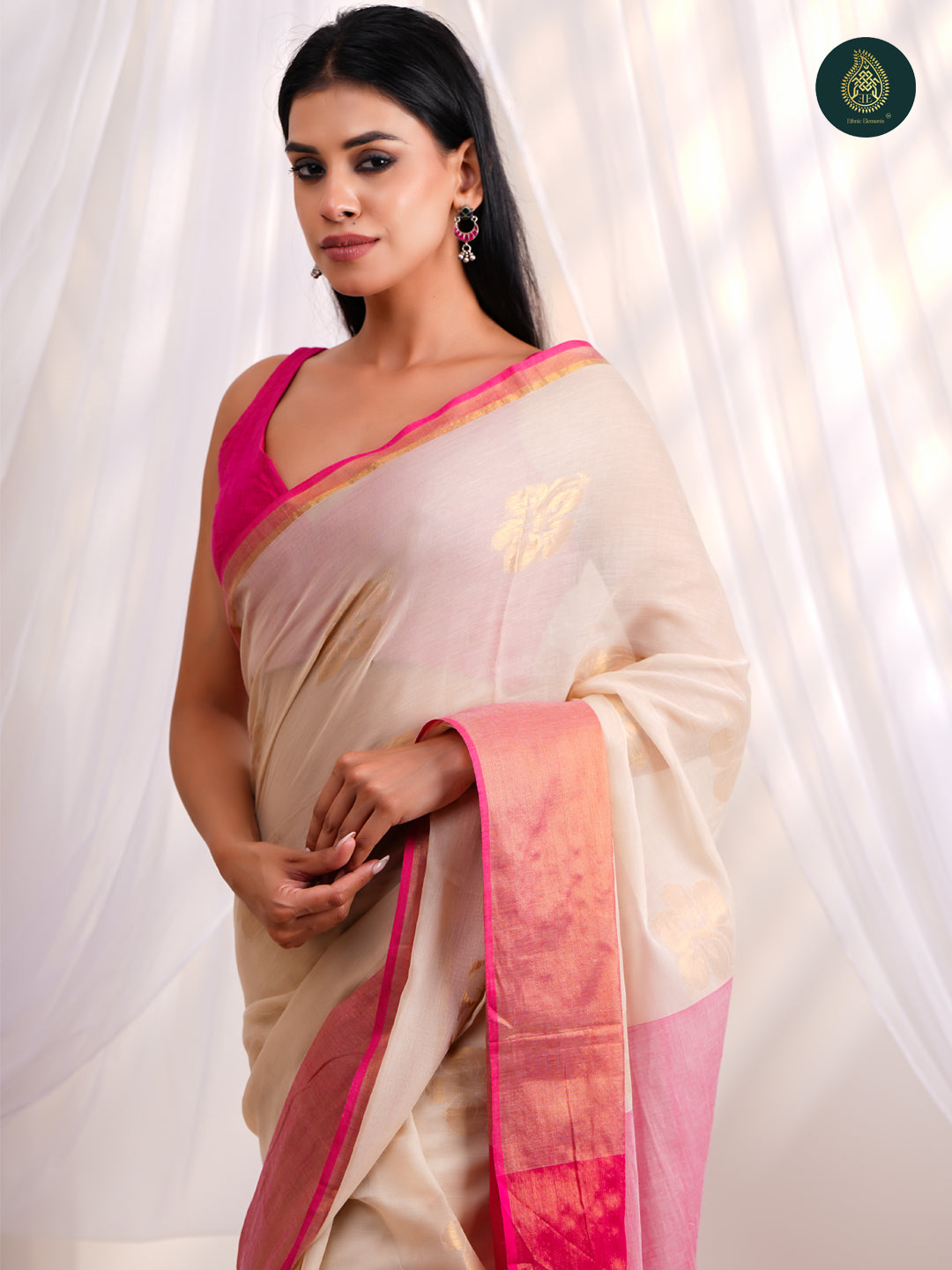 Elegant cream - Mul Cotton Saree with Zari Border with Traditional Buttis