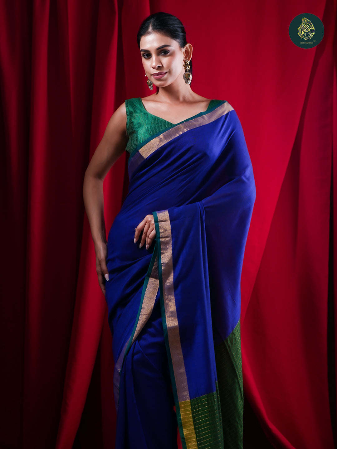 Royal Blue Pure Cotton Saree with Emerald Zari Border For Women