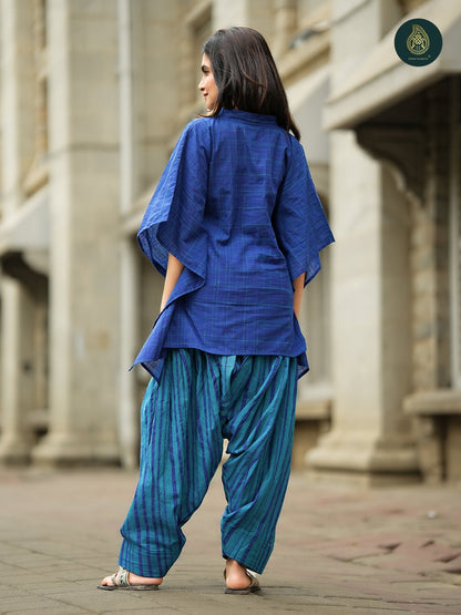 Royal Blue Handloom Cotton kaftan Top & Striped  farsi salwar For Women