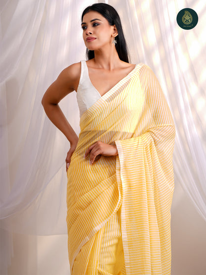 Fresh Yellow - Mul Cotton Saree with White Stripe Design