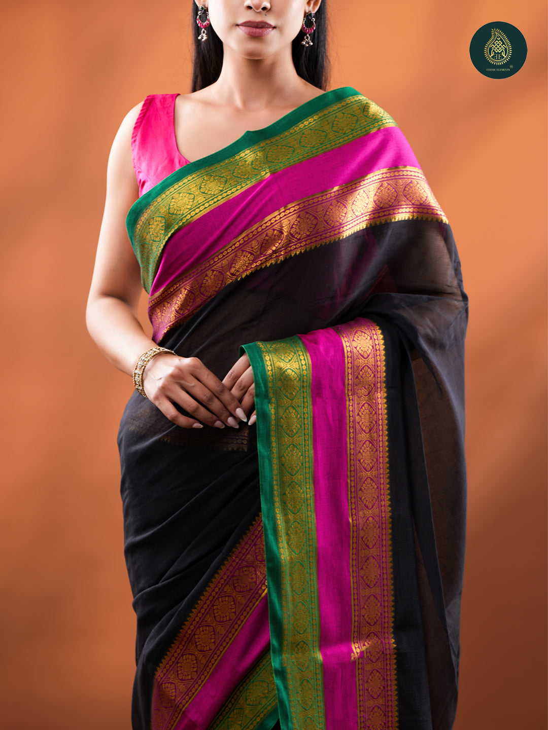 Black Mangalagiri Mul Cotton Loom Saree with Magenta & Green Zari Border For Women