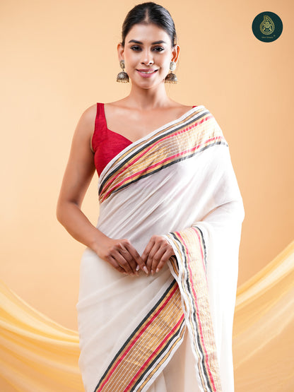 Off White Mul Cotton Saree with Woven Zari Border & Contrast Tassel Pallu