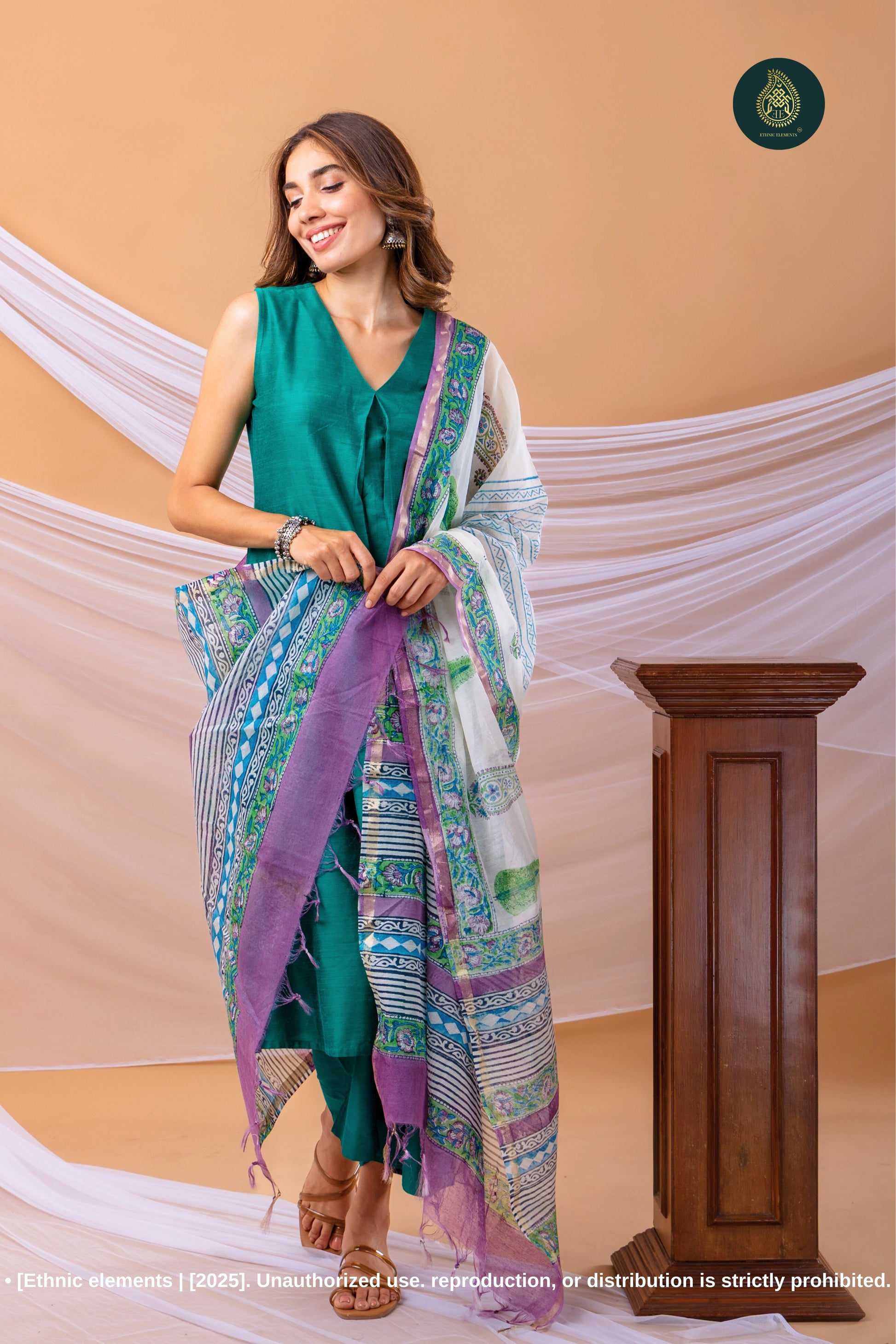 Stitched 3 Pc Cotton Silk Suit Set - Emerald Green