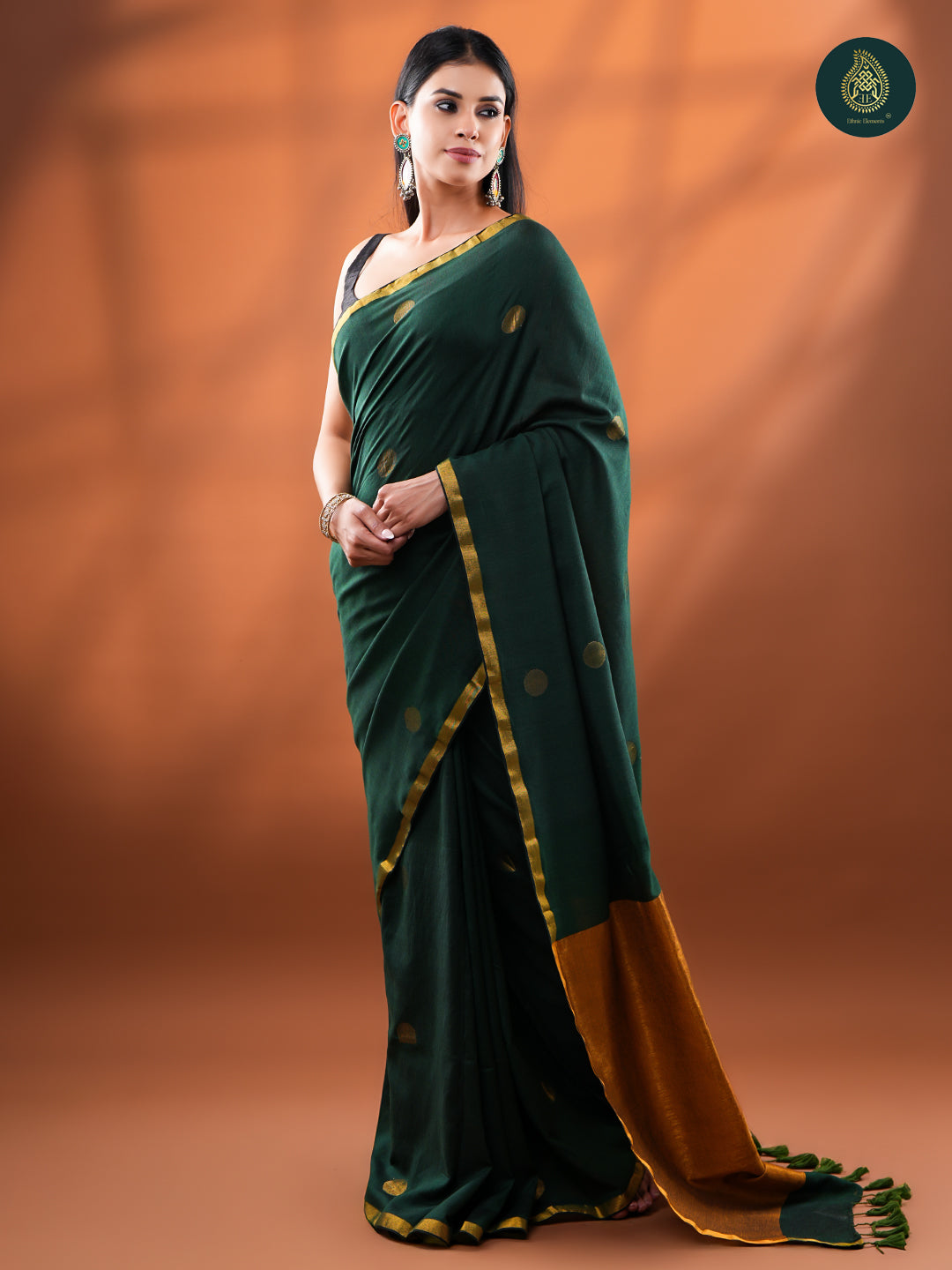 Forest Green Jamdani Zari Mul Cotton Saree with Gold Border & Tassels For Women