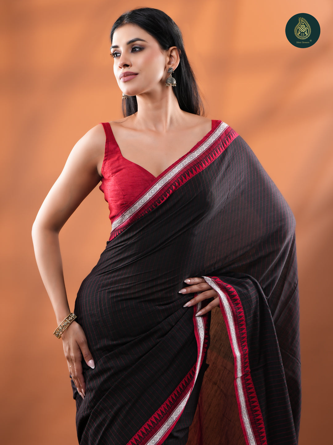 Black - Mul Cotton Saree with Temple Border & Silver Zari