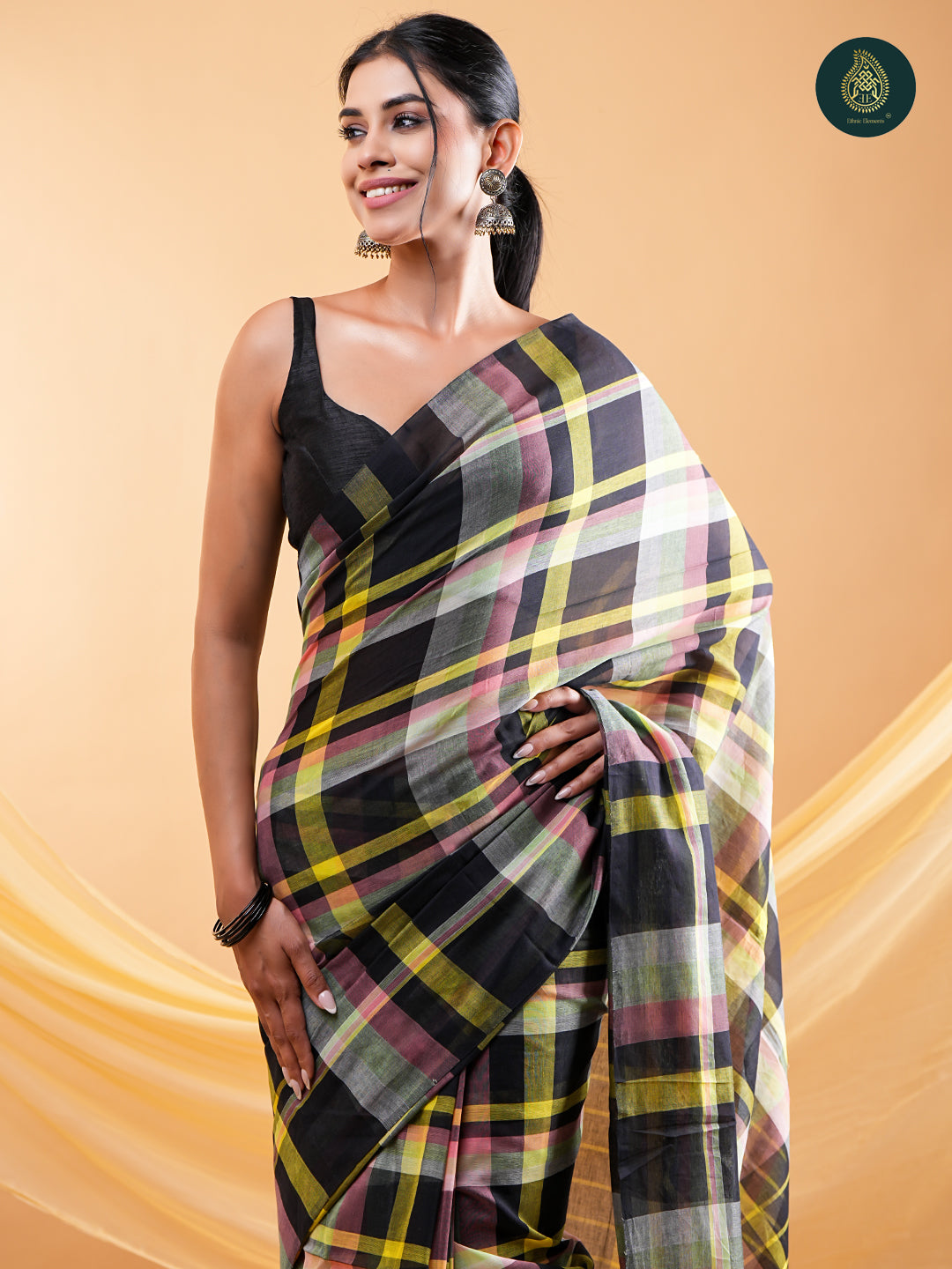Vibrant Multi-Colour Checked - Mul Cotton Saree with Handcrafted Tassels
