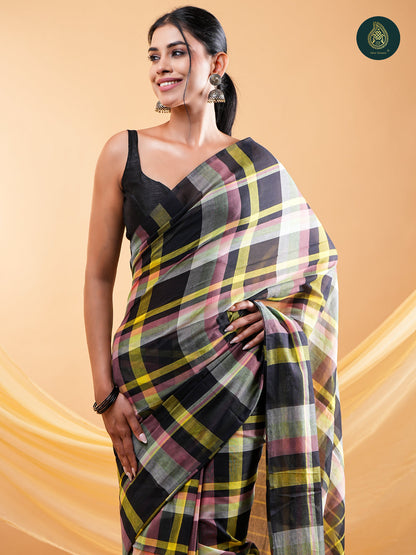 Vibrant Multi-Colour Checked - Mul Cotton Saree with Handcrafted Tassels