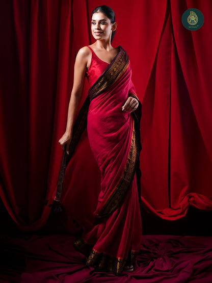 Crimson Red Mul Cotton Saree with Black & Gold Woven Border For Women