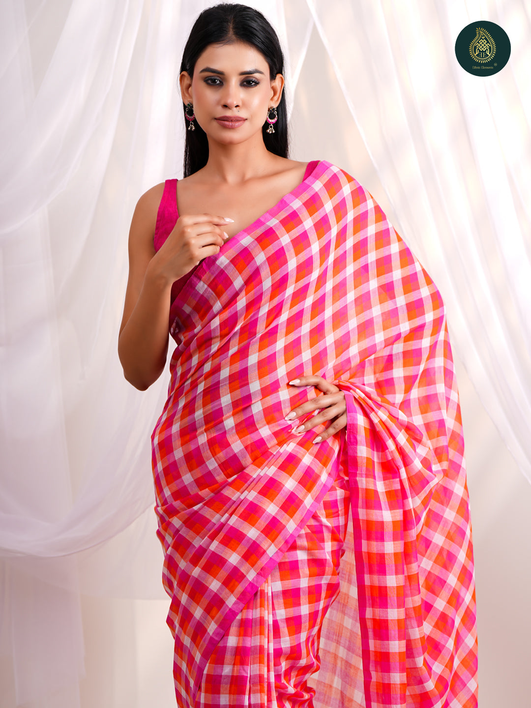 Bright Pink Mul Cotton Saree with Handcrafted Tassels For Women