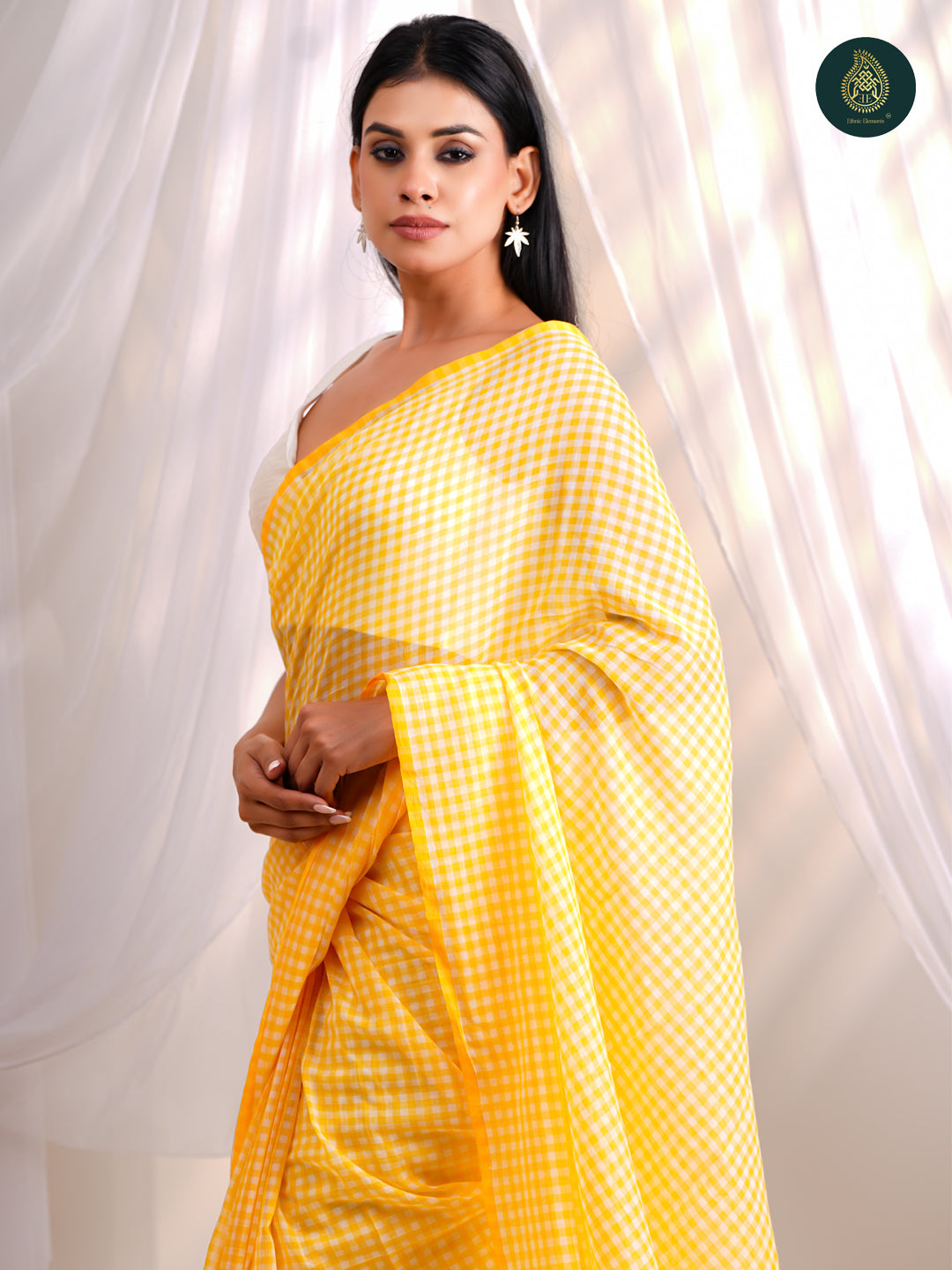 Sunshine Yellow Gingham Checks Mul Cotton Saree