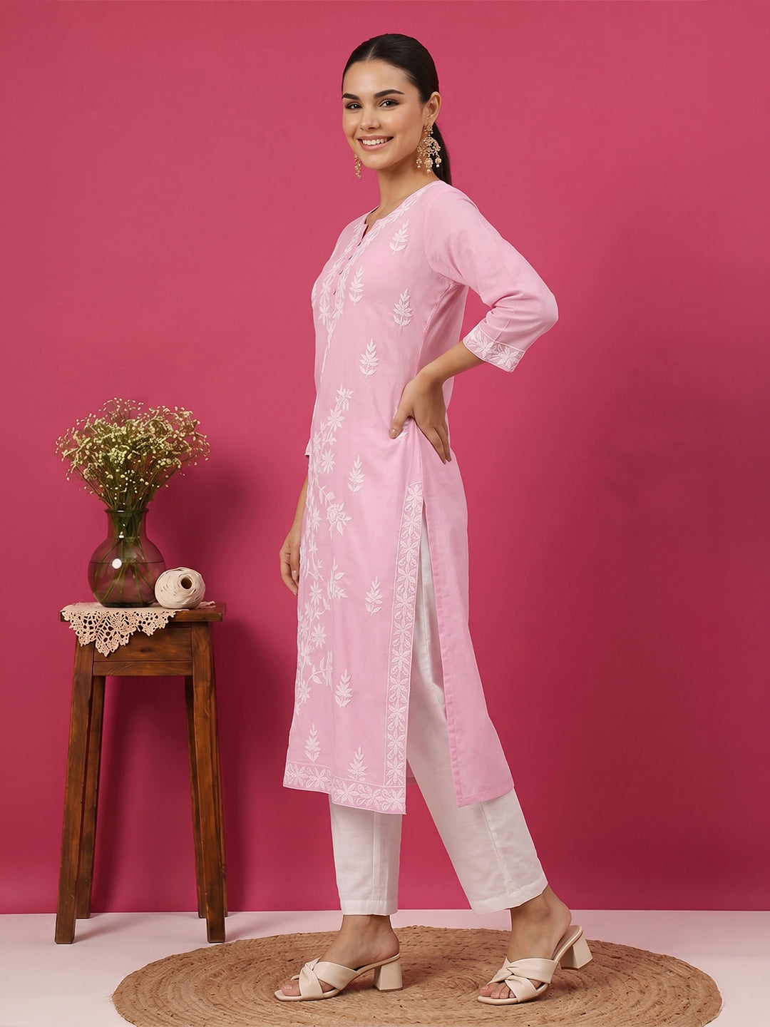 Janasya Women's Light Pink Pure Cotton Embroidered Straight Kurta