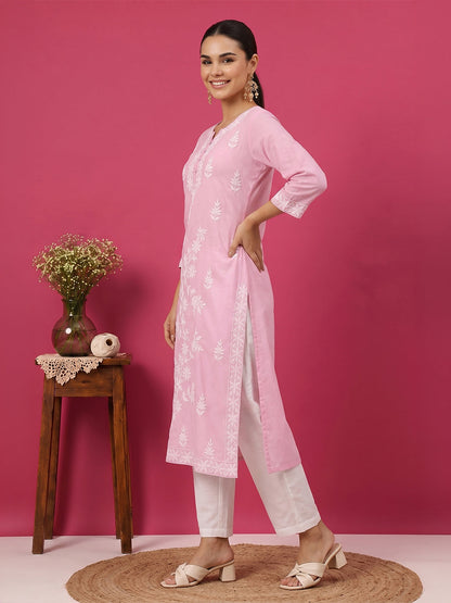 Janasya Women's Light Pink Pure Cotton Embroidered Straight Kurta