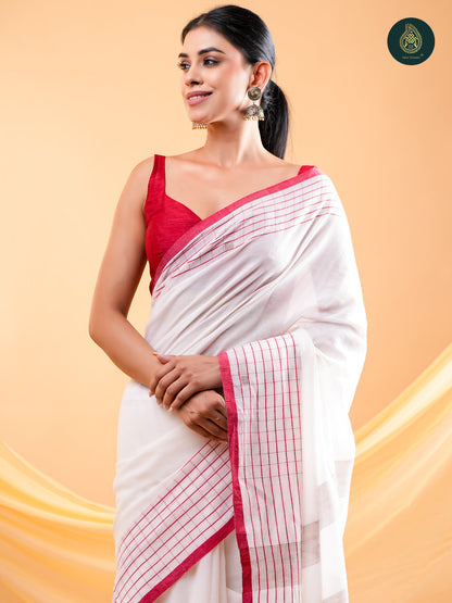 Elegant Red & White Colour Mul Cotton Saree with Striped