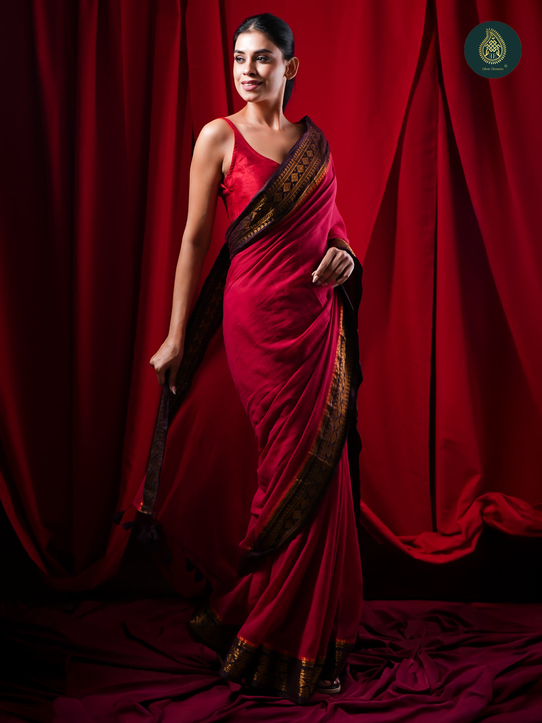 Crimson Red Mul Cotton Saree with Black & Gold Woven Border For Women