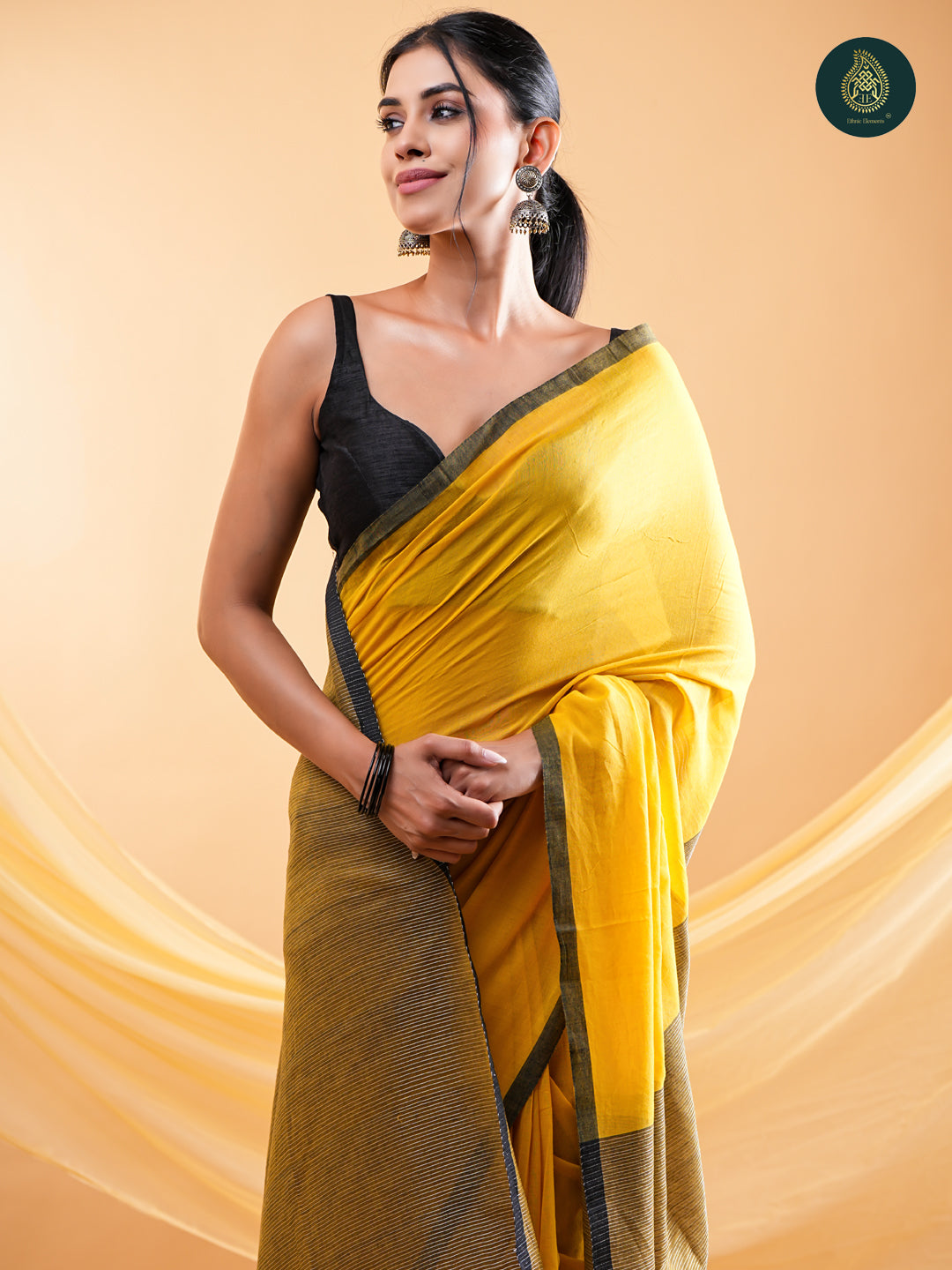 Radiant Mustard Yellow -  Mul Cotton Saree with Contrast Black Border