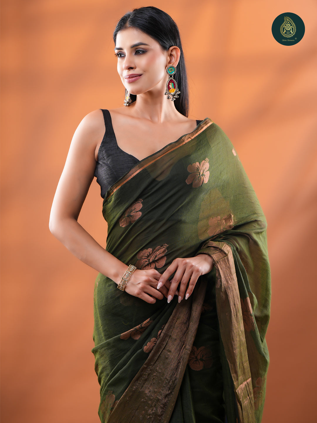 Olive Green Mul Cotton Saree with Copper Zari Floral Buttis & Indigo Pallu For Women