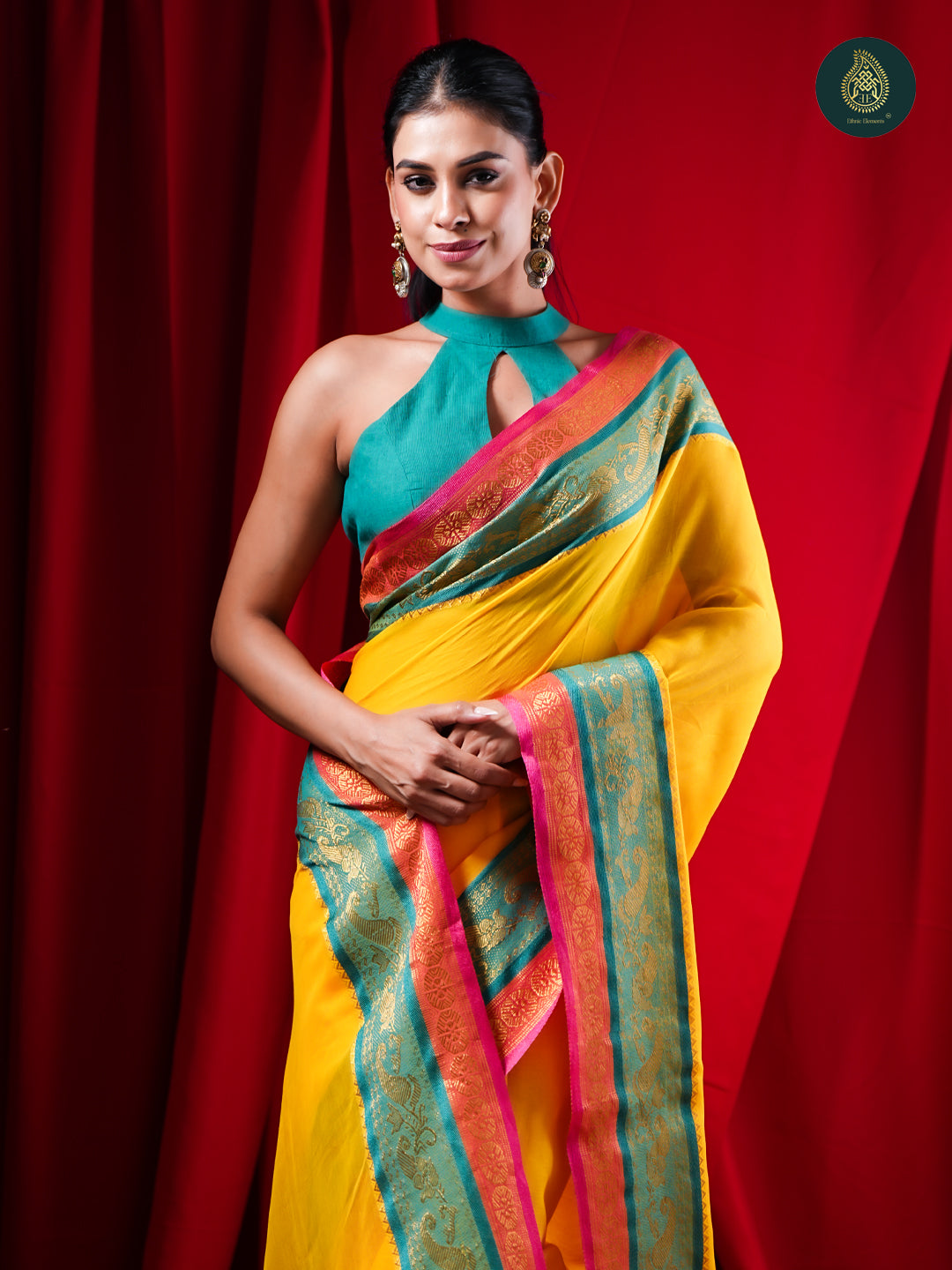 Sunlit Yellow Mul Cotton Saree with Teal Zari Border For women