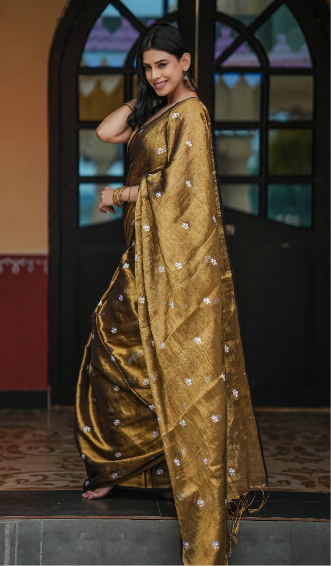 Mul Cotton Tissue Shiuli Saree - Golden Olive