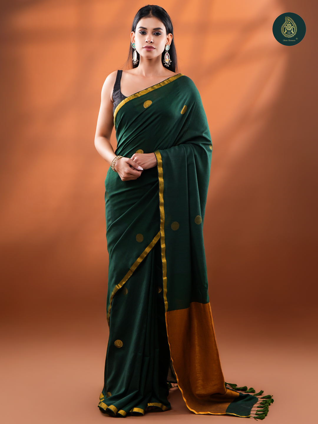 Forest Green Jamdani Zari Mul Cotton Saree with Gold Border & Tassels For Women